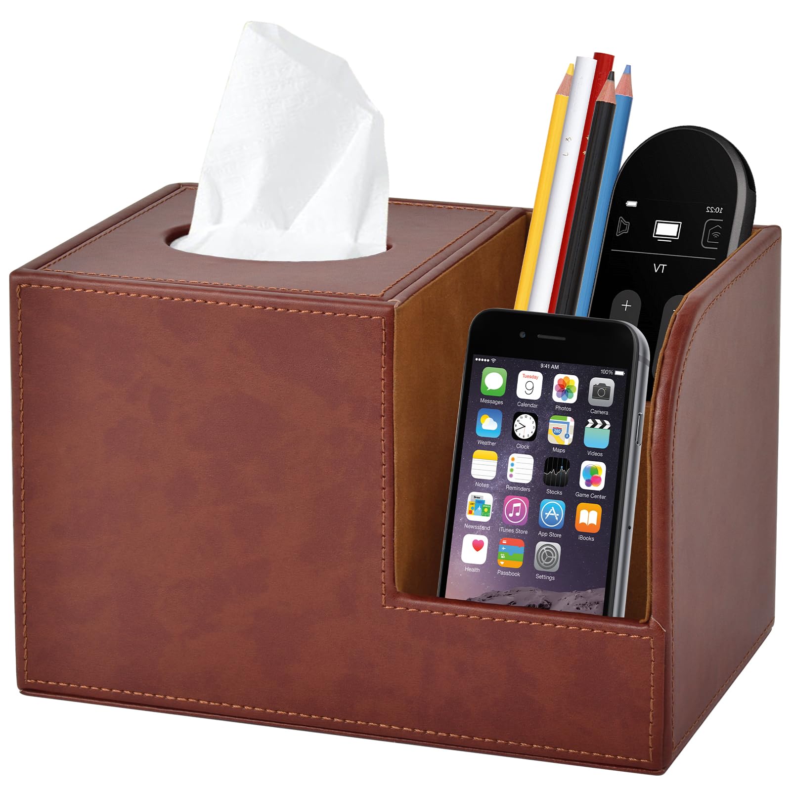 XNONE PU Leather Square Tissue Box Cover-Multi-Functional Tissue Box Holder, Tissue Box Cover with Storage,Tissue and Remote Control Holder,Cube Tissue Box Organizer Bedroom School Office (Brown)