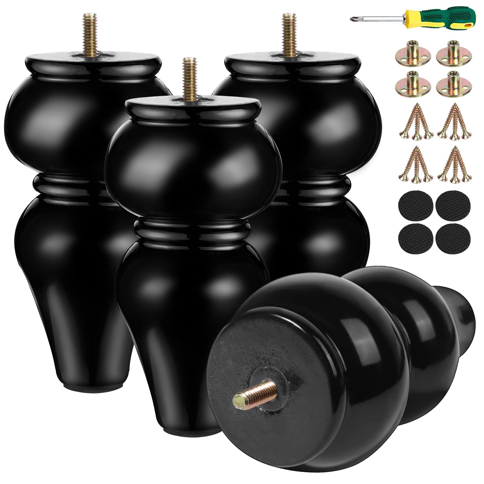 Buy Wood Furniture Legs Black,Couch Legs 6 inch Round,Sofa Legs Set of