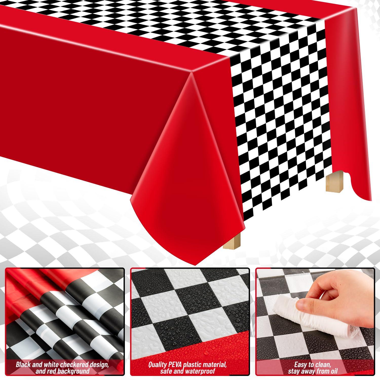 Boland Racing Checkered Flag Plastic Tablecloth - Black Rectangular Table Cover For Race Car Parties & Events