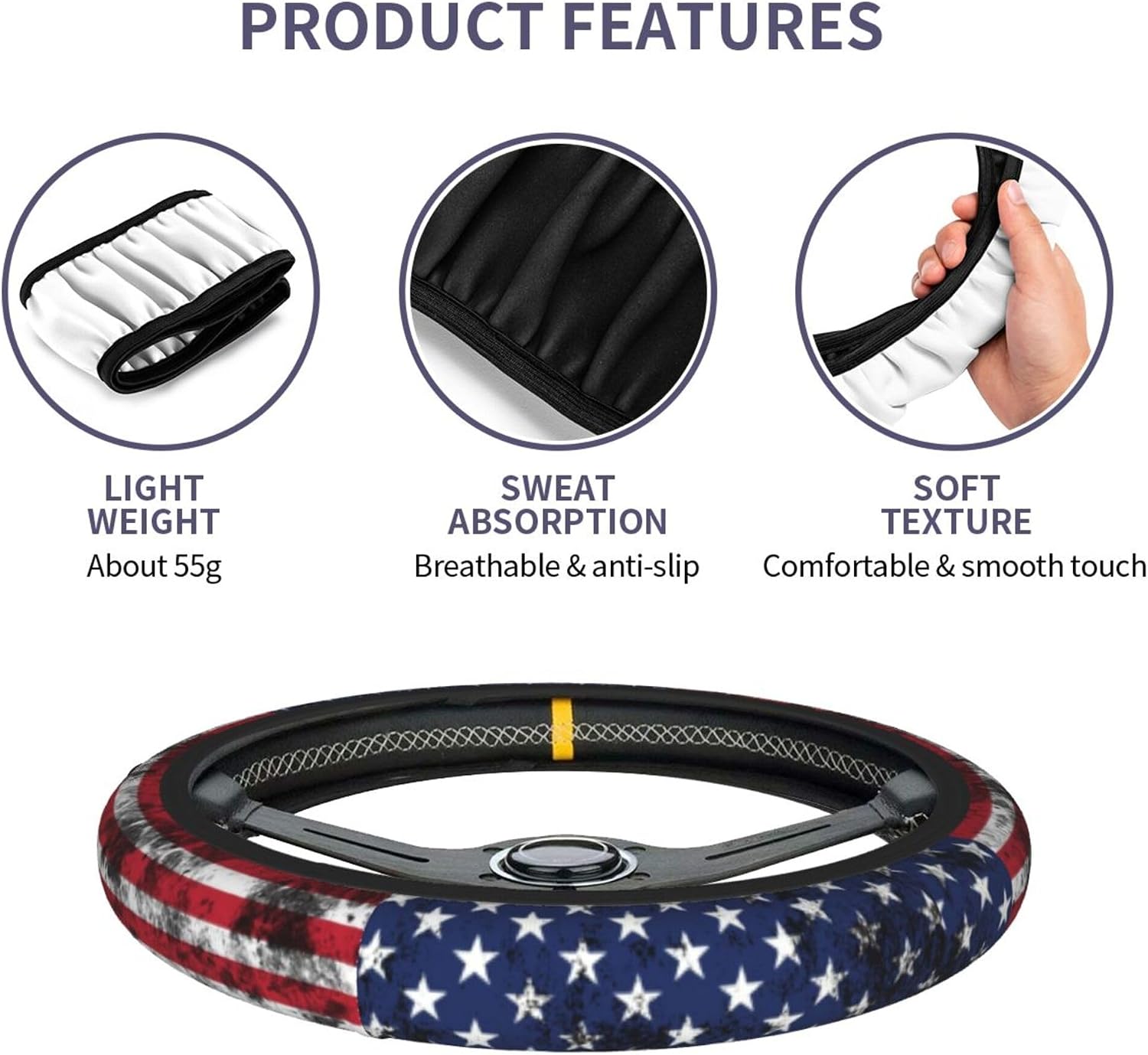 Vintage American Flag Steering Wheel Cover - Retro America Flag Steering Wheel Car Accessories Universal 15 Inch Cute Steering Wheel Cover Women Men Neoprene Anti Slip Breathable Wheel Cover Protector