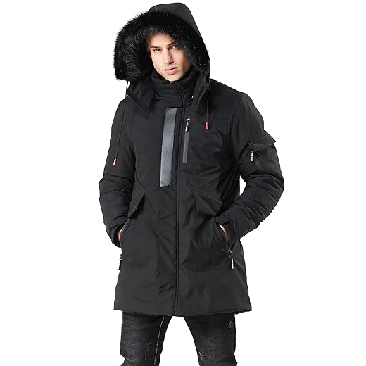 WEEN CHARM Men's Warm Parka Jacket Anorak Jacket Winter Coat with Detachable Hood Faux-Fur Trim (Black-8823, L)