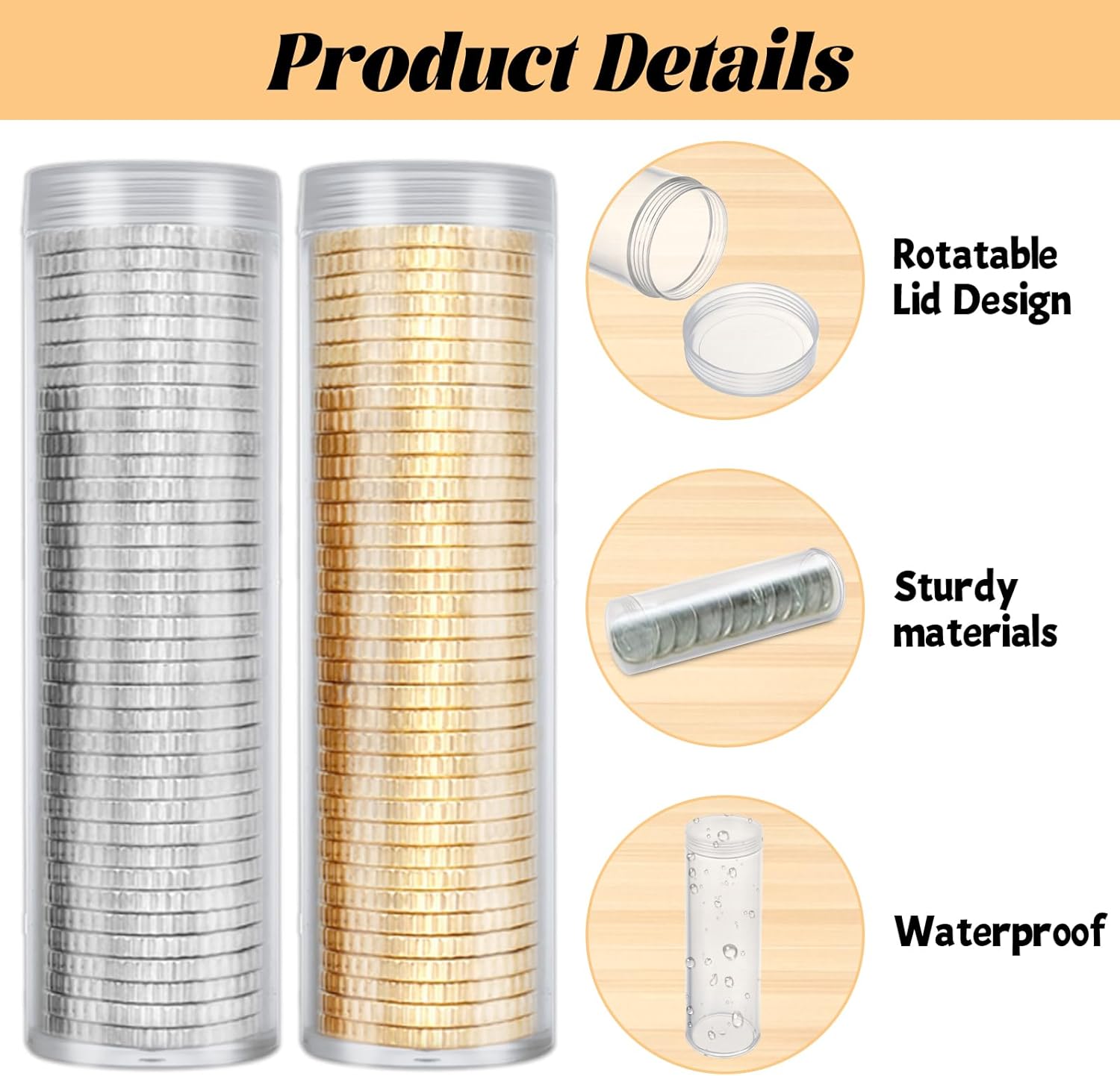 50PCS Plastic Coin Tubes Clear Quarter Tubes for Coins Quarter Coin Holders Coin Storage Tubes with Screw Lid for Coins Collection Supplies, with Sticks