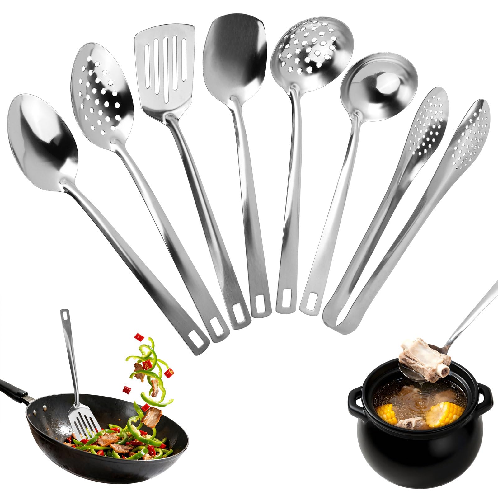 7 Pcs Kitchen Utensils Set Cooking Utensils Set Rust-Resistant Kitchen Gadgets Essentials Stainless Steel Cooking Utensils with Suspendable Handle Dishwasher Safe – Everyday Cook-ing & Serving（Silver）