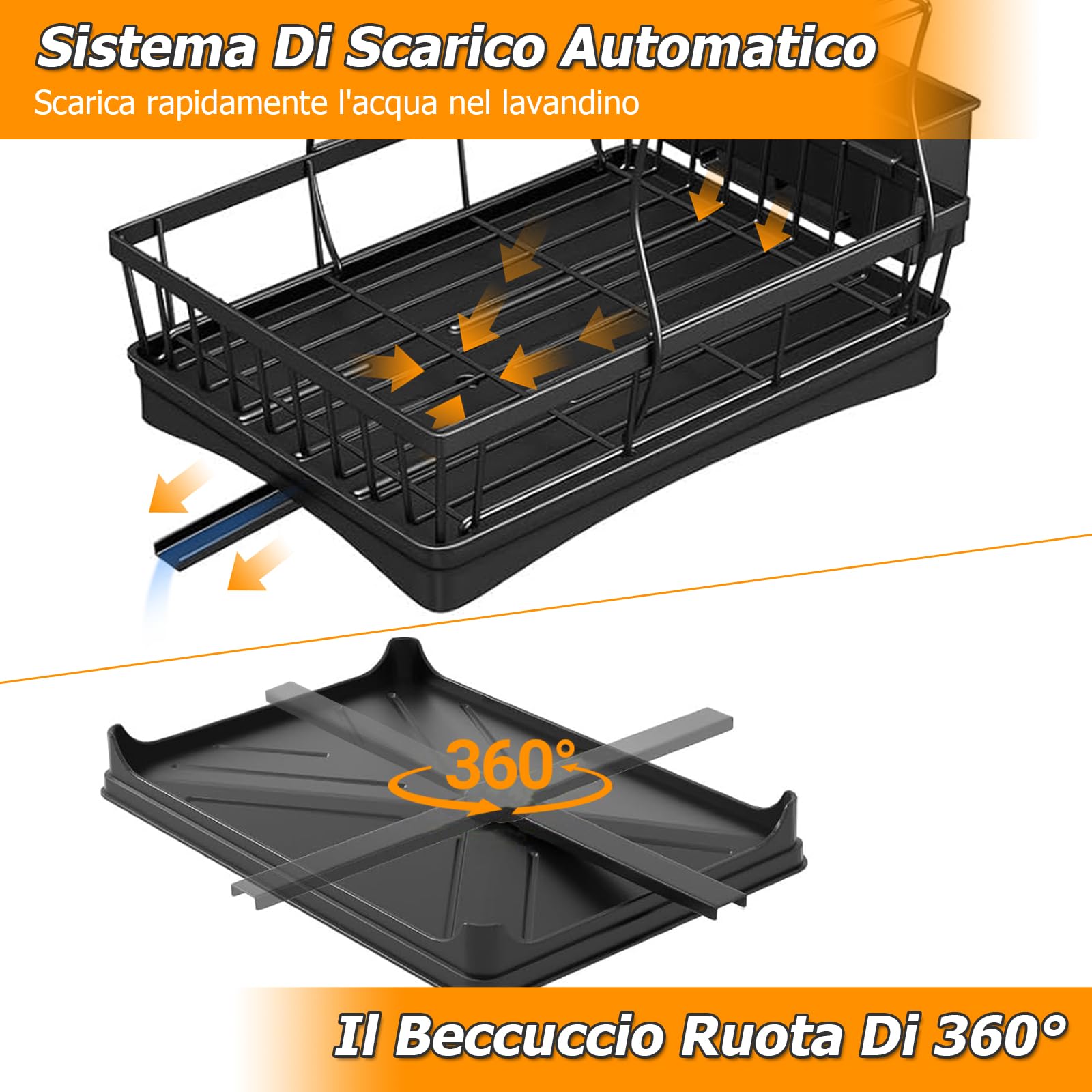 Scolapiatti da Appoggio a 2 Livelli, Scolapiatti per Piatti Nero, Scolapiatti da Lavello da Cucina in Acciaio Inossidabile con Vassoio di Drenaggio, Portabicchieri e Portautensili