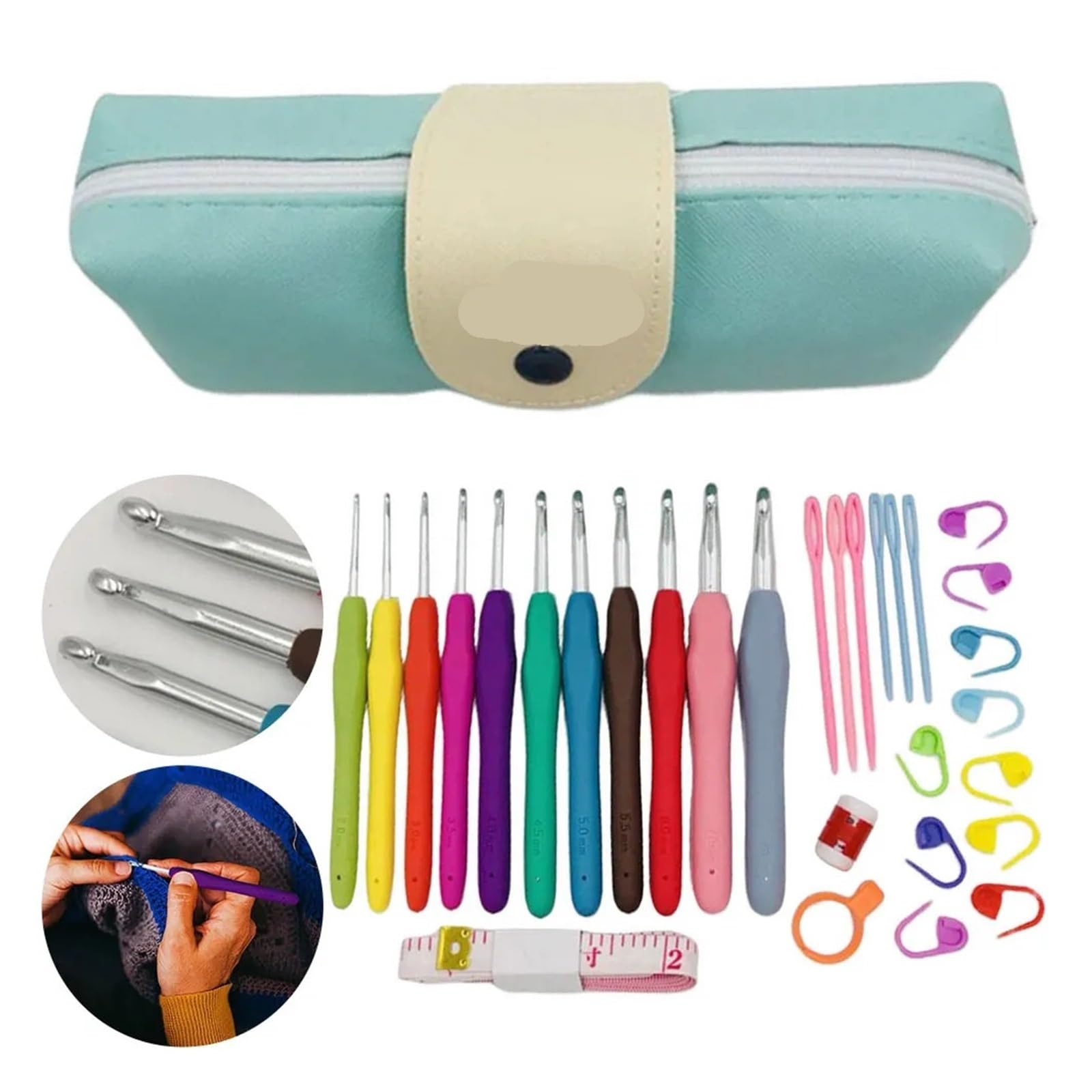 SFOIKVG Crochet Kit Kit de agujas tejer con mango, 11 Uds., Clips for coser, tijeras plástico acero inoxidable, juego ganchos ganchillo para Mujeres