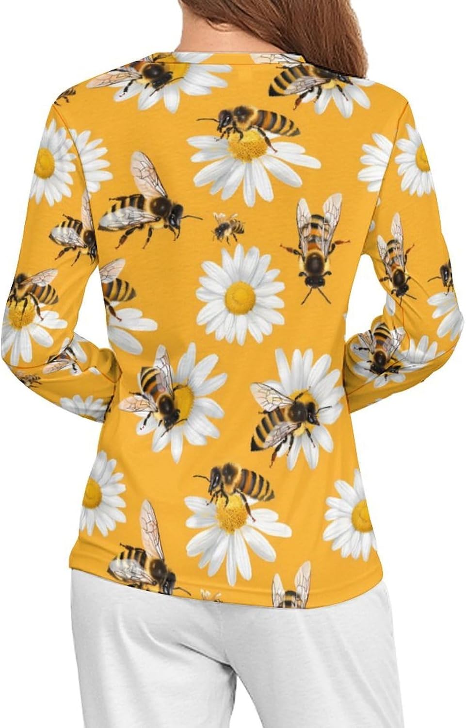 Cute Bee Flowers Women's Pajama Top Sleepwear Pajamas Sleep T-Shirt Long Sleeve Shirt Crewneck Tee