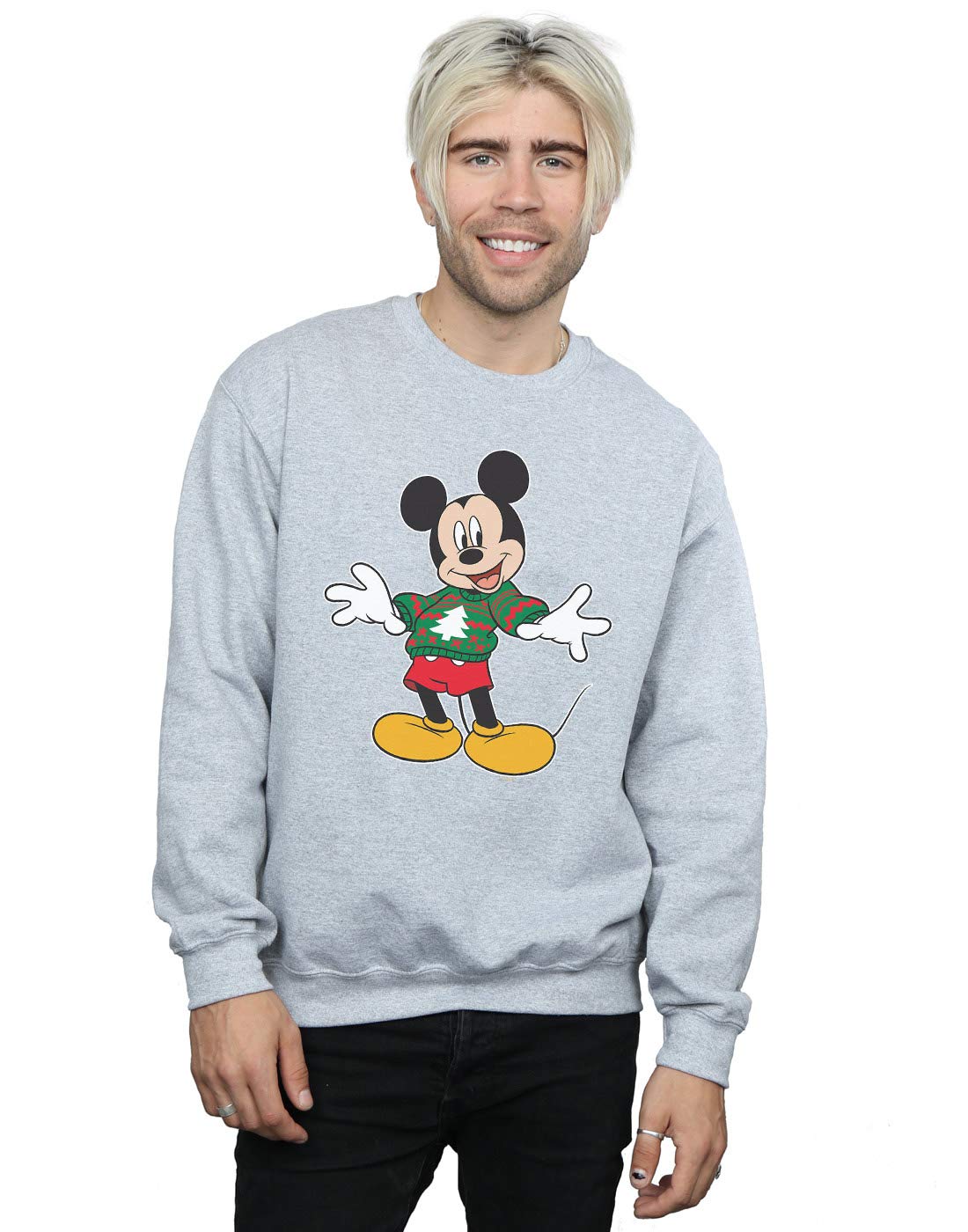 Disney Men's Mickey Mouse Christmas Jumper Stroke Sweatshirt Sport Grey Medium