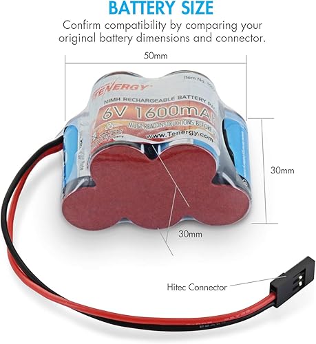 Miniatura 3 de Tenergy Paquete de batería recargable de 6 V y 1600 mAh lado a lado paquete de batería receptor NiMH con conector Hitec para camiones RC coches RC y