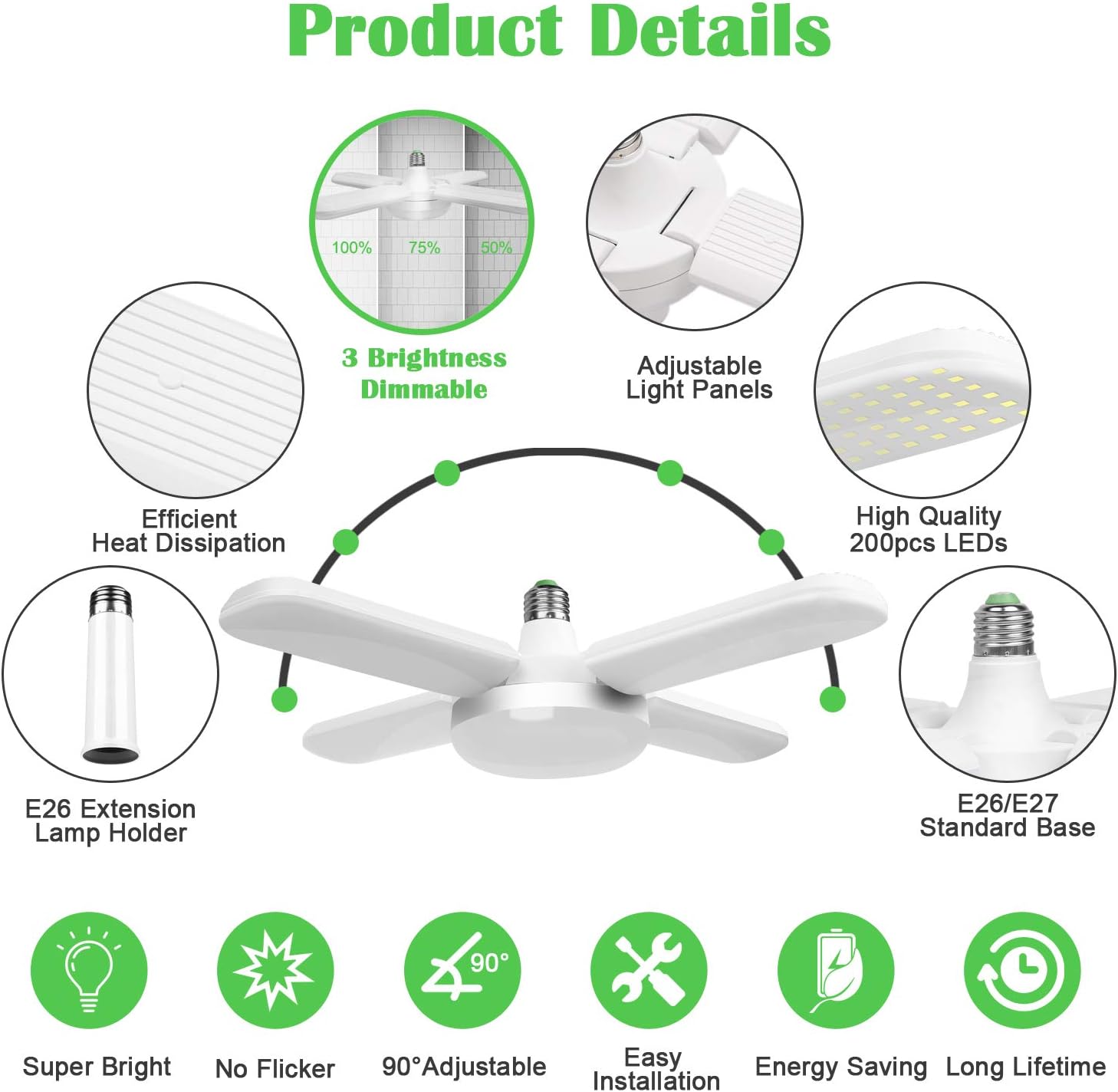 LED Garage Lights 60W Dimmable LED Basement Lights E26 6000LM Deformable LED Light Bulbs Garage Ceiling Lighting, Adjustable LED Shop Lights for Garage, Warehouse, Workshop, Basement, Barn, Daylight