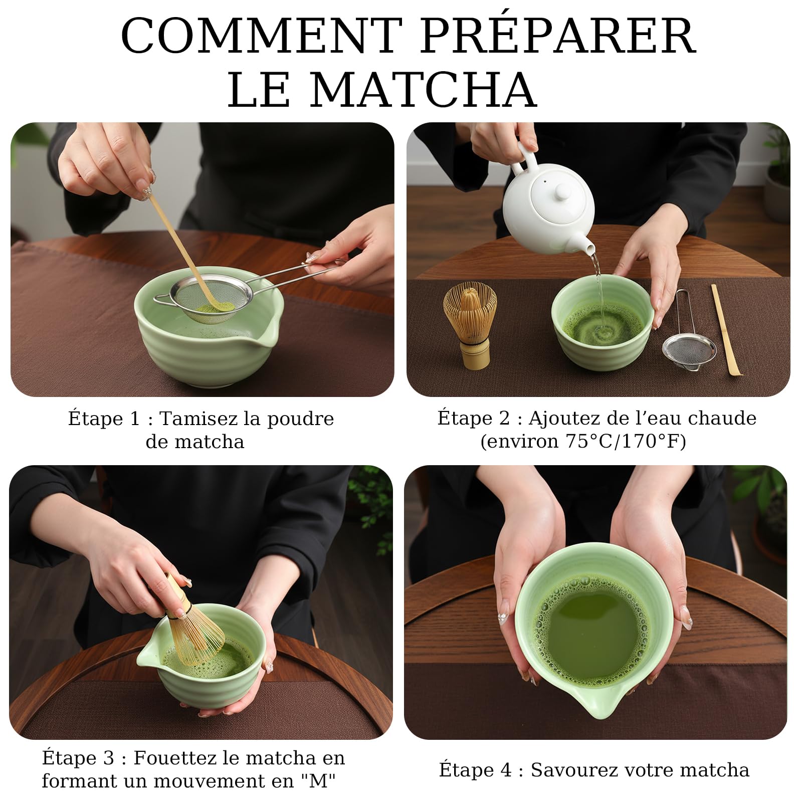 Kit Matcha 8 Pièces, Set Matcha Complet avec Bol Matcha, Fouet Bambou, Support, Tamis, Cuillère, Set Thé Japonais, Idéal Débutant & Cadeau, Vert Mat