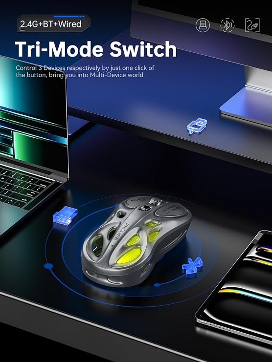 FMOUSE Wireless Gaming Mouse, Tri-Mode 2.4G & Dual Bluetooth & Wired, Gray