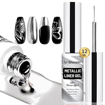 12ml Metallic Painting Gel Liner Nail Art 3D Mirror Chrome Effect Nail Polish Metal Painted Drawing Build in Thin Brush Soak Off UV/LED Ultra Mirror Silver Gel for Nail Art Manicure