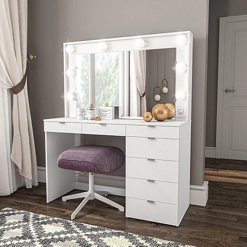 Penteadeira Camarim com Espelho 7 Gavetas Diamante Espresso Móveis Branco