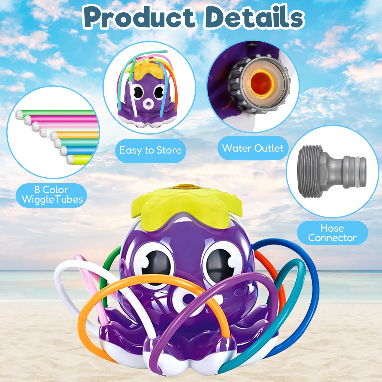Aspersor de Agua para niños,con boquillas giratorias,Juegos de aspersores,Juguete de Rociador,para Patio Trasero, CéSped,Juegos de Agua para Niños Exterior.(Pulpo Morado)
