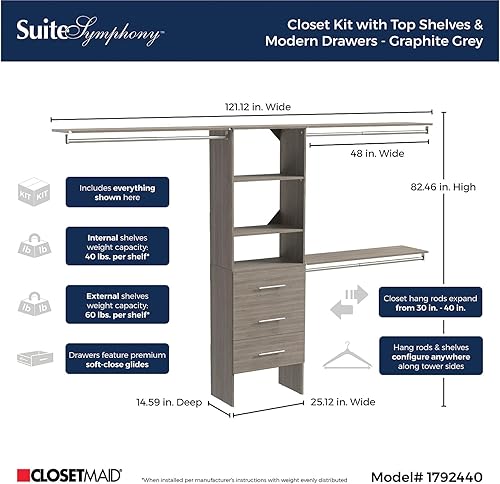 Miniatura 3 de ClosetMaid SuiteSymphony - Kit organizador de armario de madera con torre 3 varillas para colgar estantes superiores 3 cajones moderno se adapta a