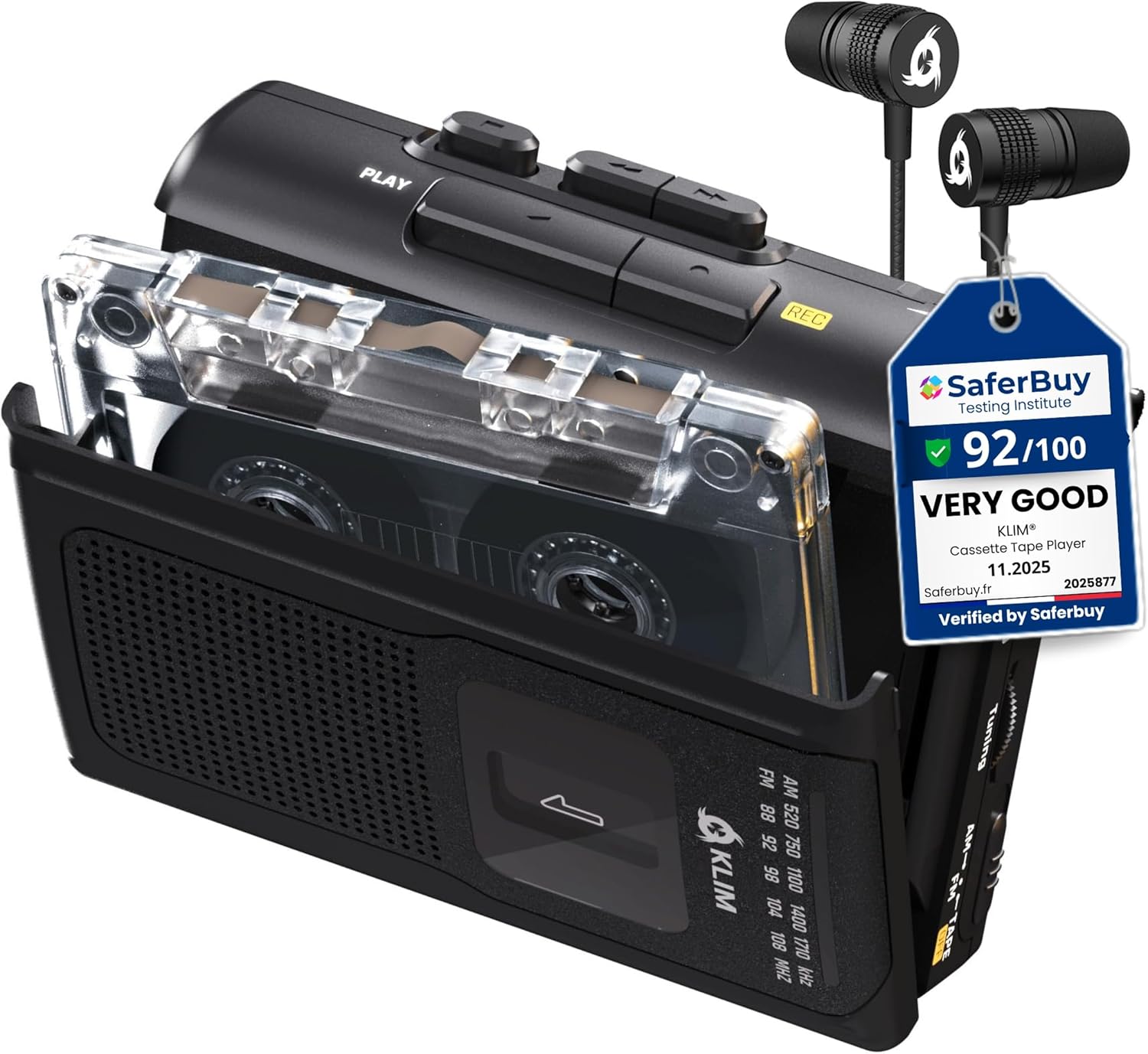 KLIM K8 Cassette Tape Player Portable with F1 Headphones - Cassette Recorder - New Version - AM/FM Walkman - Built-in Microphone & Speaker - Headphone Jack & Earphones - Black