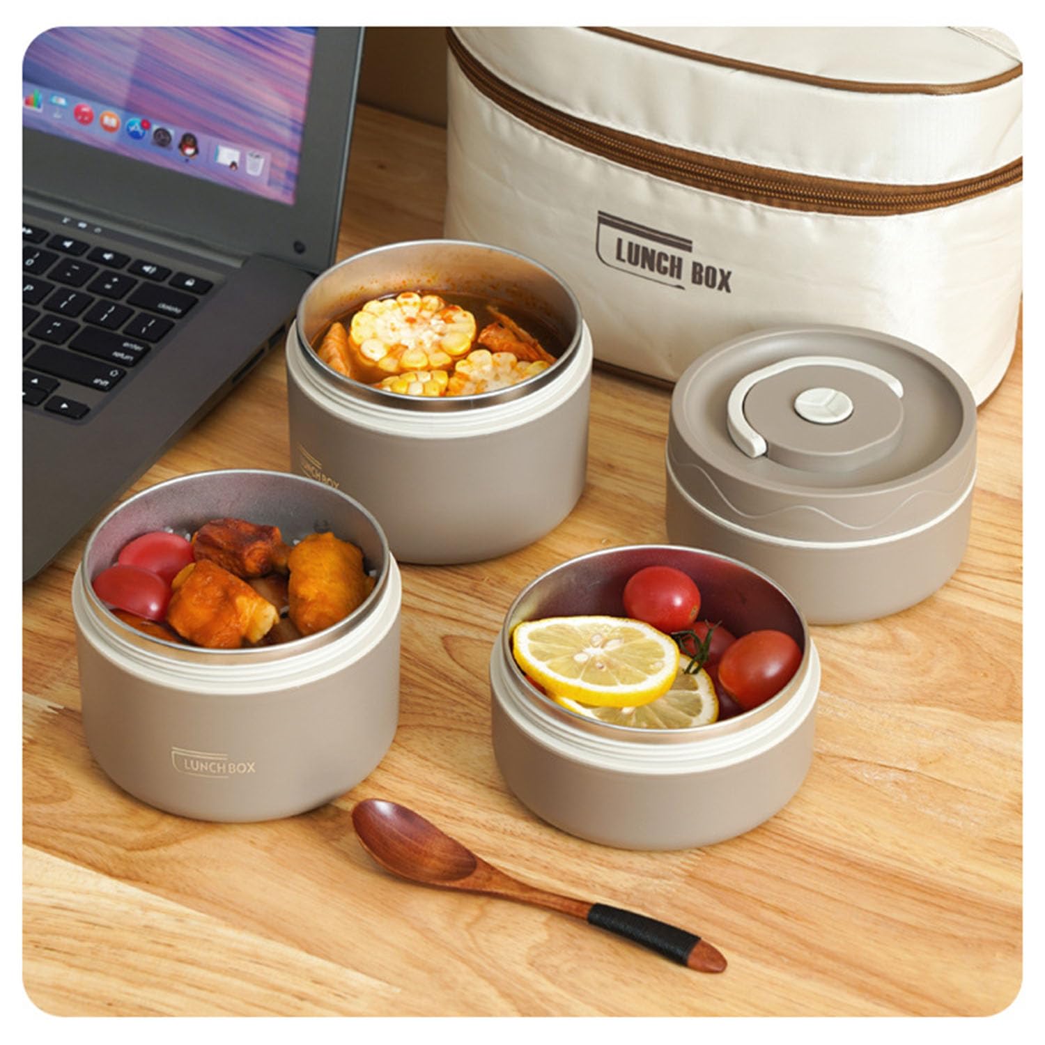 Boîte à Déjeuner Isotherme, Boîte à Thermique Portable étanche, Conteneurs à Déjeuner Ronds Empilables en Acier Inoxydable 304 Pour Bureau Randonnée,Brown-4 piece set