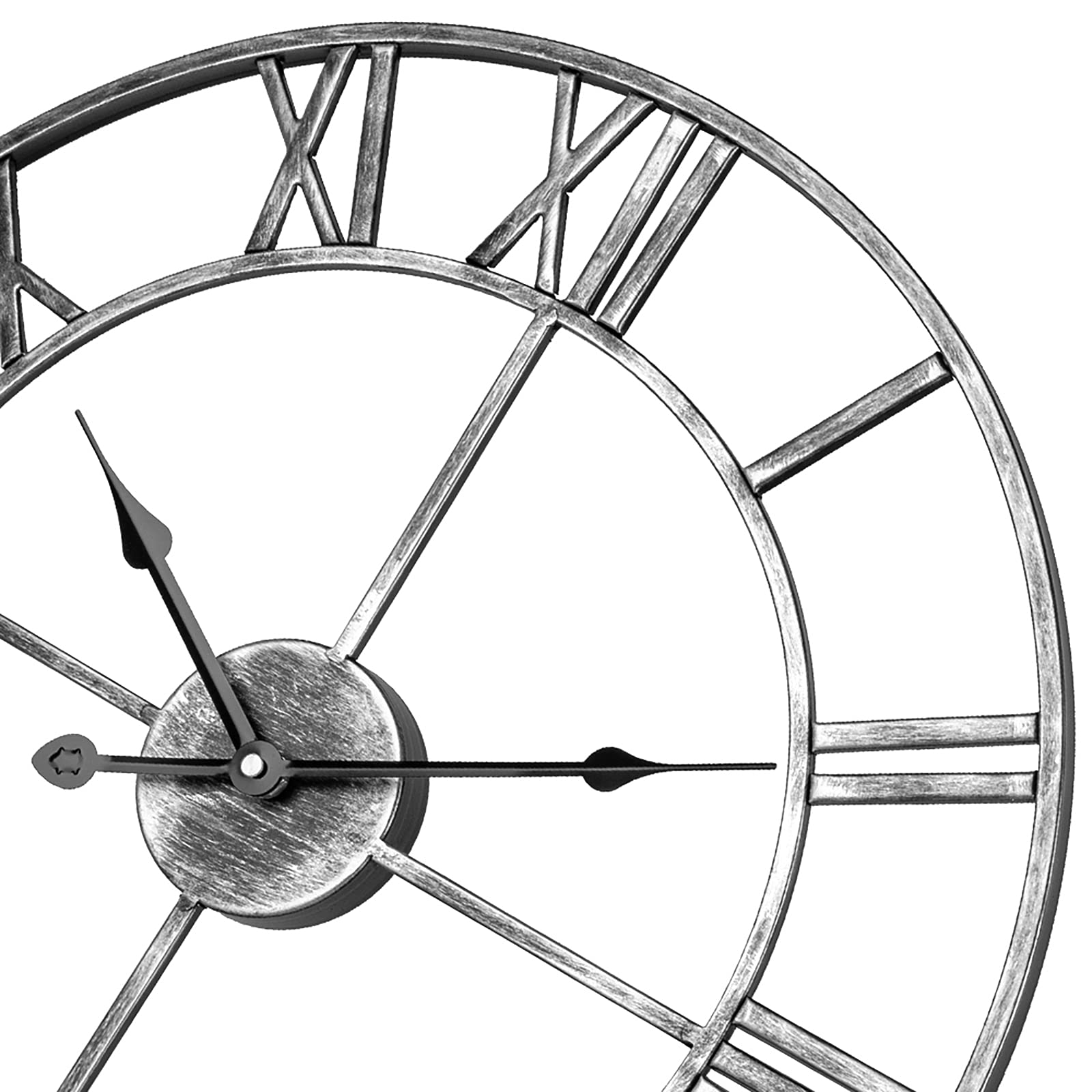 Leise Wanduhr, europäisches Bauernhaus, Vintage-Uhr mit römischen Ziffern, 47 cm, Nicht tickend, batteriebetrieben, Metallskelett, dekorative Uhr für Zuhause, Küche, Café (Silber)