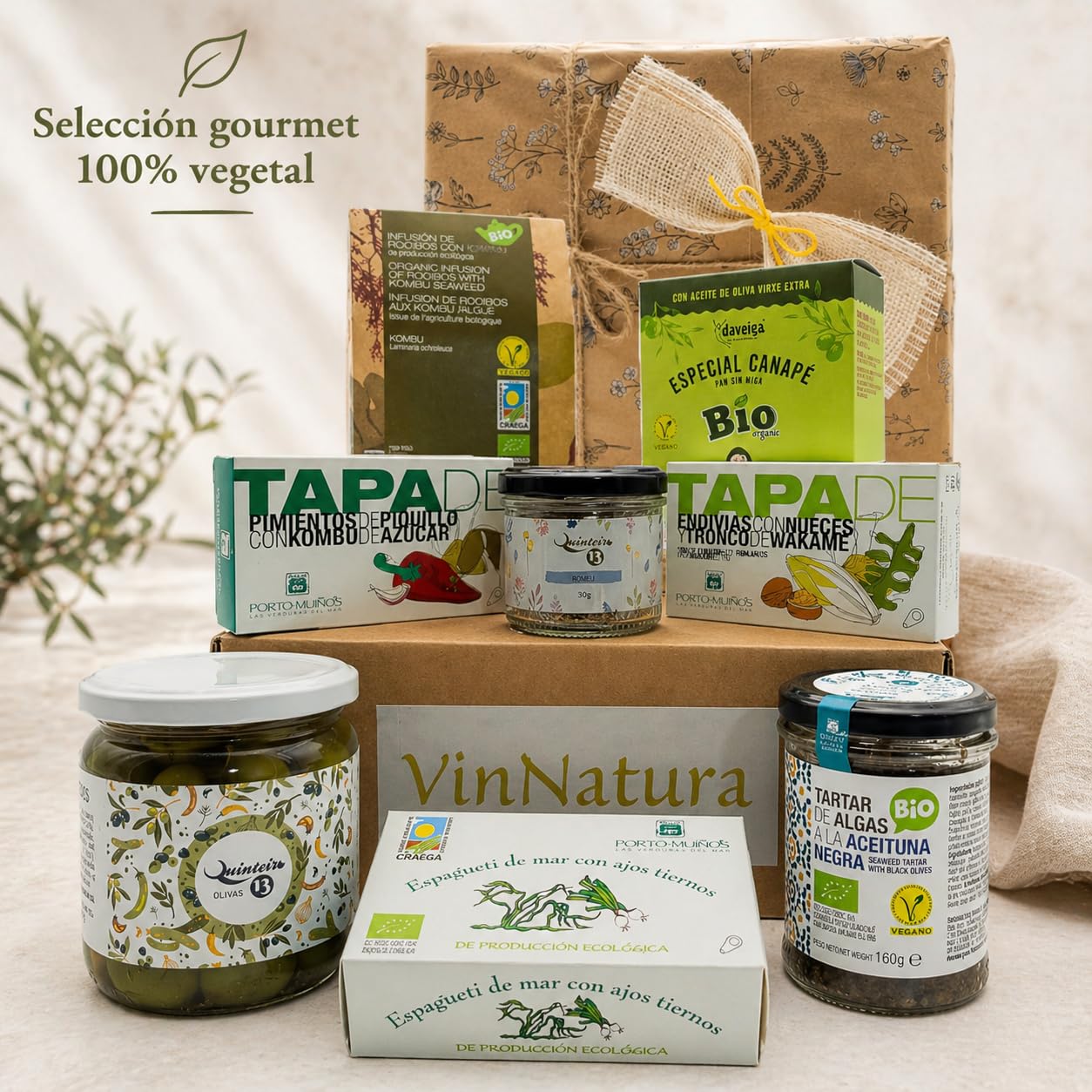 Caja Regalo Vegana Terra de VinNatura con Algas ecológicas de Galicia | Cesta gourmet vegana, regalos de empresa inclusivos, celebraciones, selección vegetal, tarjeta personalizable