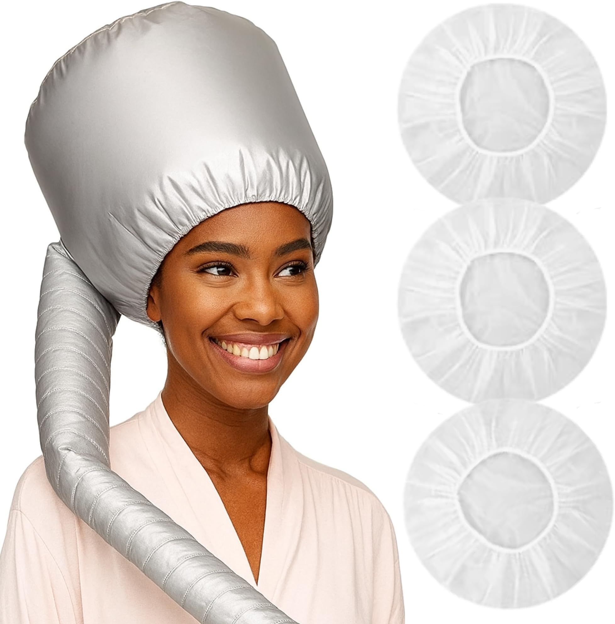 Red by Kiss Universal Soft Bonnet Hair Dryer Attachment, 30" Hose, Adjustable Hood, Airflow Vent Technology, Fits Most Dryers, for Extensions, Roller Sets, Deep Conditioning, Includes 3 Shower Caps