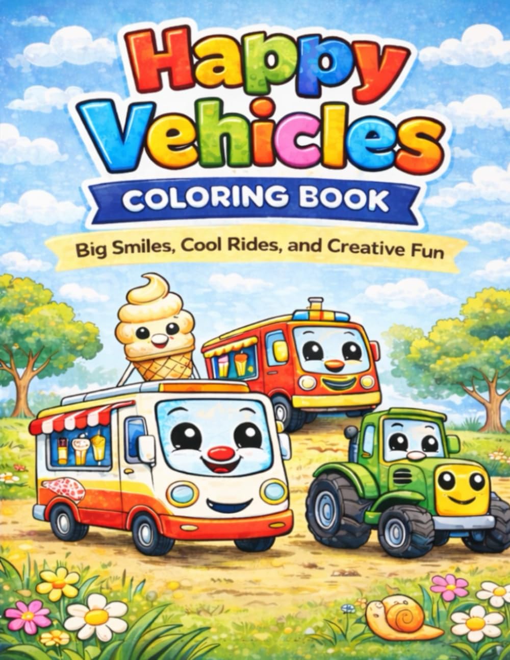 Happy Vehicles Coloring Book: Big Smiles, Cool Rides, and Creative Fun