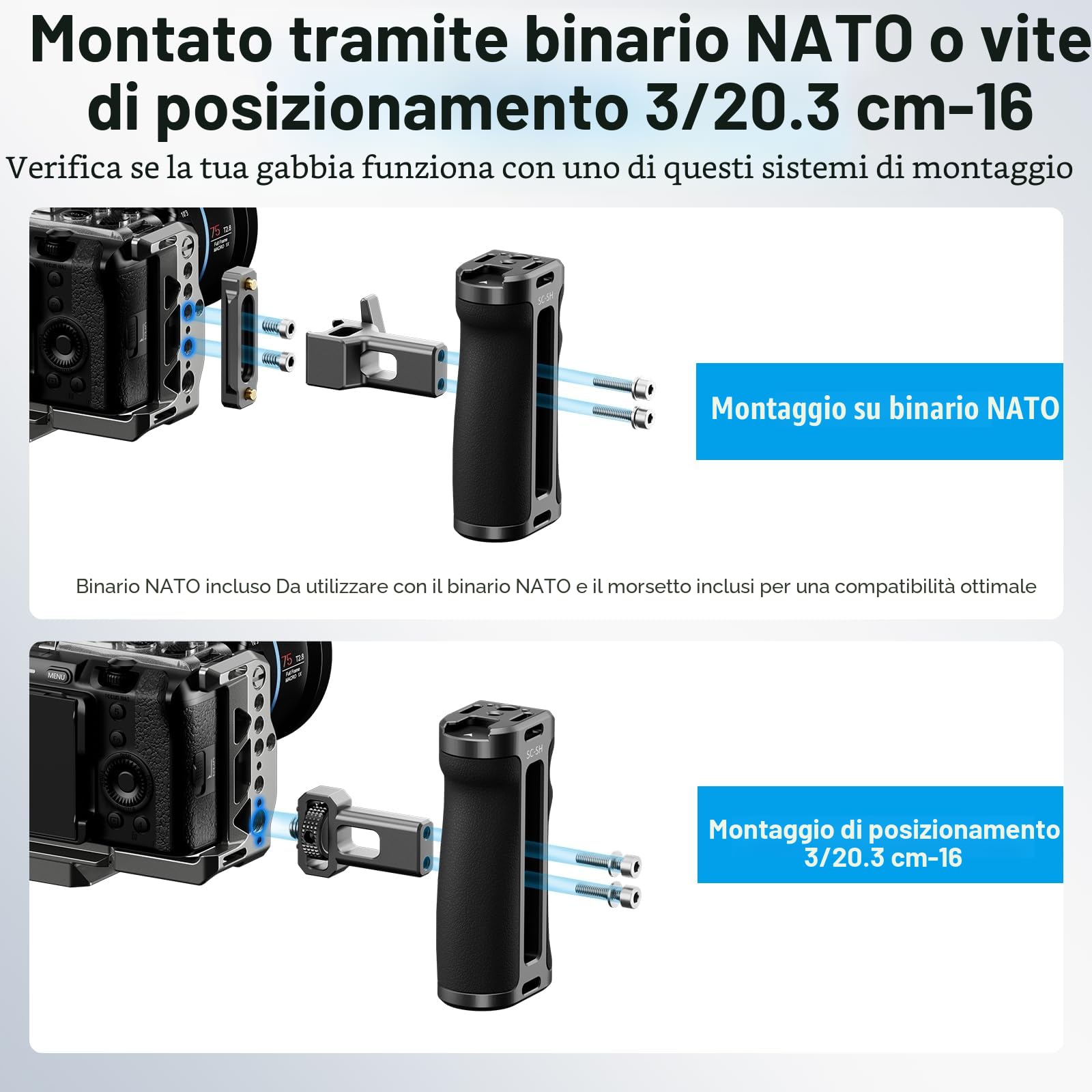 SIRUI SC-SH Maniglia Laterale con NATO e 3/8"-16 Locating Pin per ARRI, Impugnatura Ergonomica Laterale in Alluminio per Gabbie per Fotocamere, 50 mm Regolabile Su/Giù, Attacco Cold Shoe Incorporato