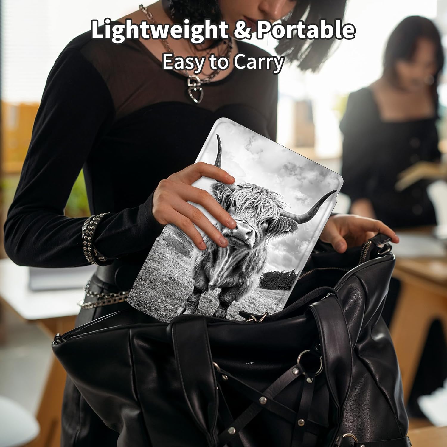 Case for Kindle Fire 7 Tablet Case 7 Inch (9th/7th/5th Generation,2019/2017/2015 Release),360 Degree Rotating Swivel PU Leather Stand Folio Cover with Auto Wake/Sleep,Black Cute Cow