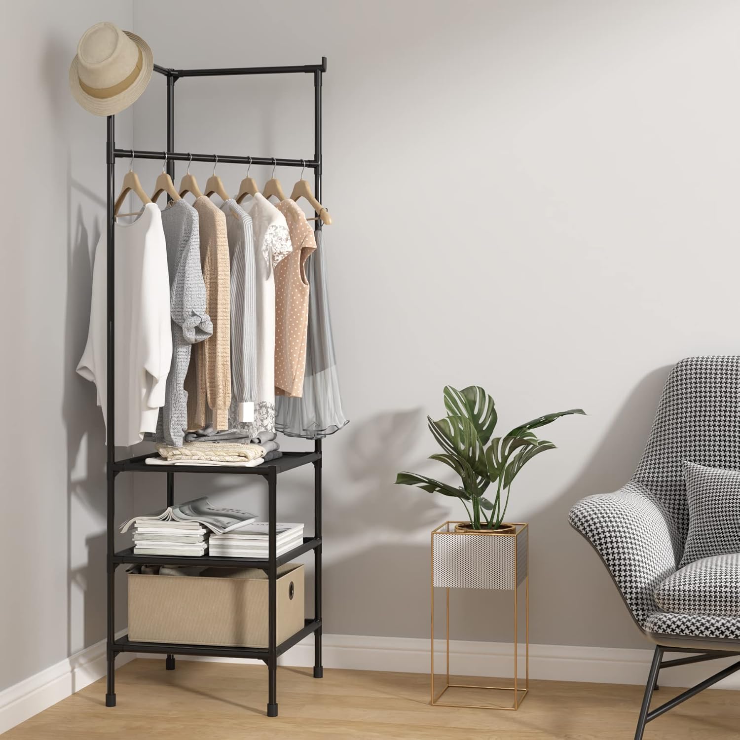 MOYIPIN Coat Rack Freestanding Closet Organizer,Simple Hall Tree with 3 Storage Shelves, Corner Storage Organizer, for Entryway, Bedroom, Black : Home & Kitchen