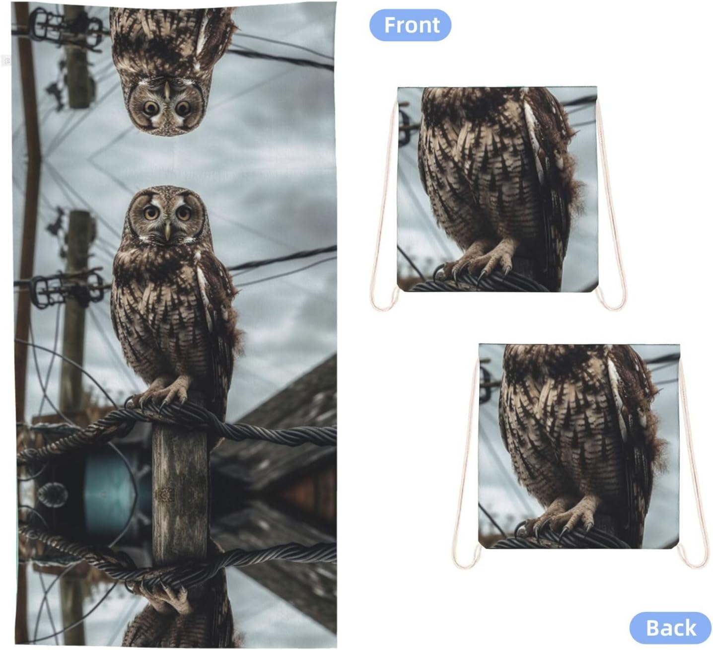 2 in 1 Packable Towel Bag,Soft Absorbent Pool Towels Backpack Quick Dry Lightweight Beach Towels Owl On Telephone Pole Drawstring Bag for Travel Camping Sports Picnic image 2