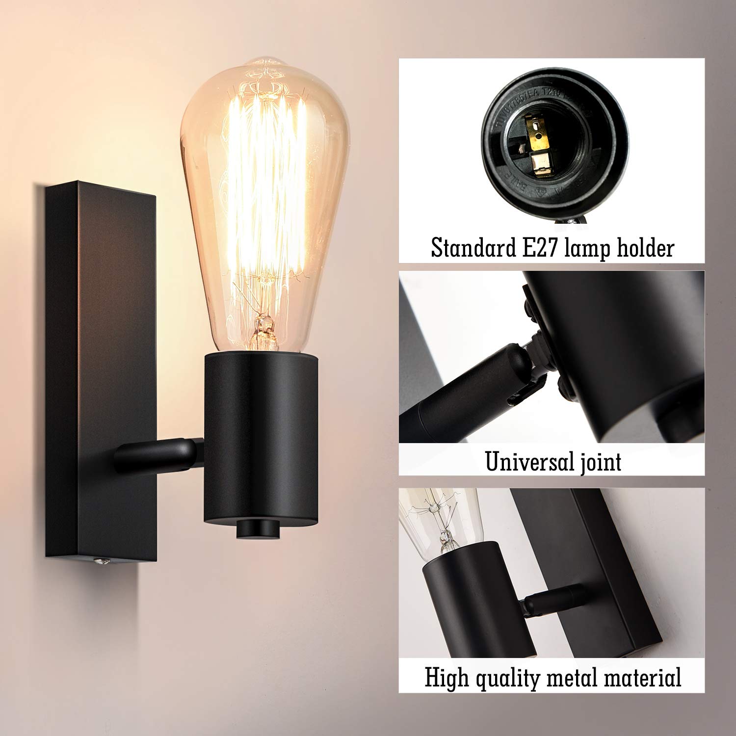 Lightess Kinkiet wewnętrzny, czarny retro, lampa ścienna E27, wychylna, vintage, reflektor ścienny, rustykalna lampa przemysłowa, oświetlenie ścienne do salonu, sypialni, jadalni, pokoju dziecięcego