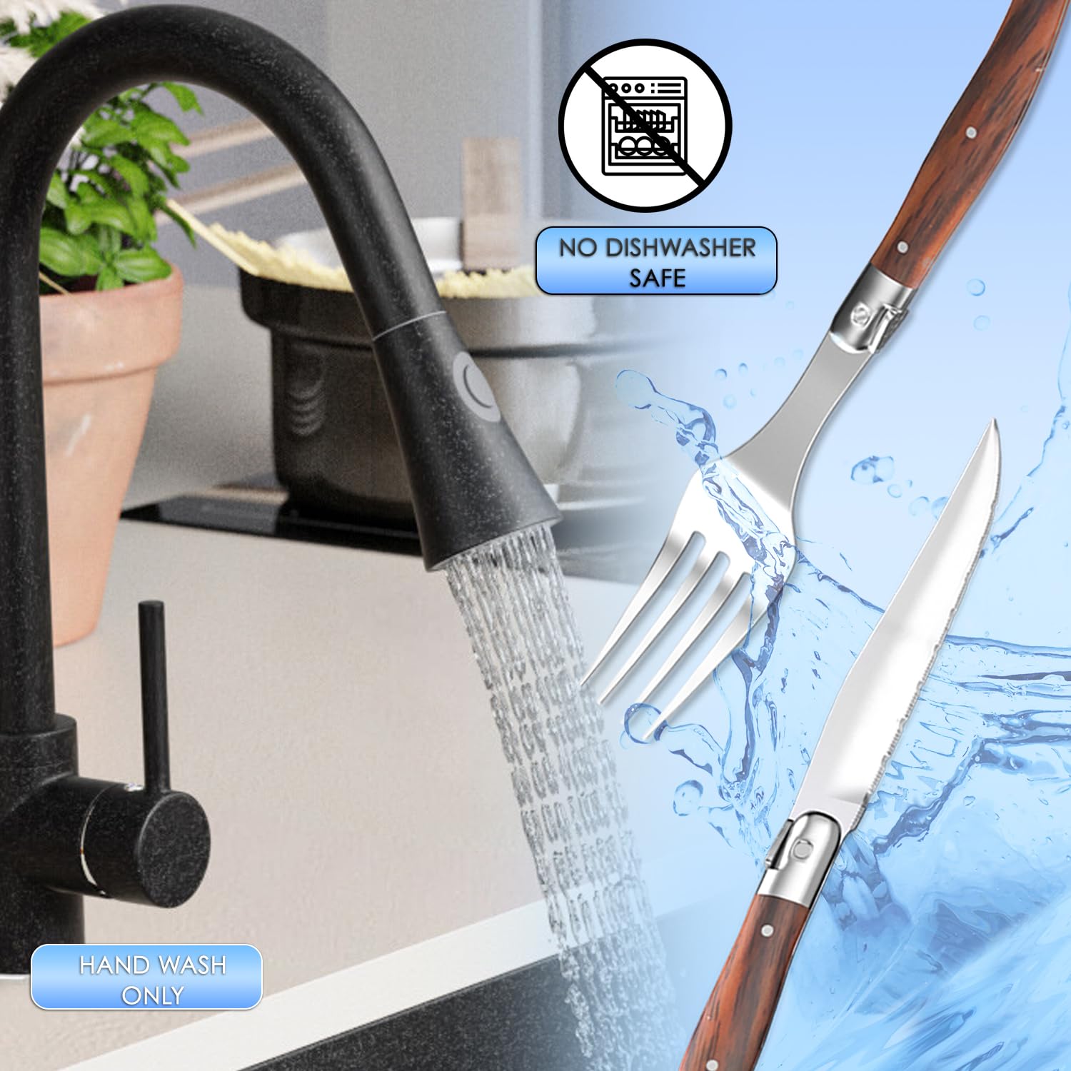 Posate da bistecca acciaio inox legno 12 pezzi con 6 pezzi di coltelli da bistecca da 23 cm e 6 pezzi di forchette da tavola da 22 cm