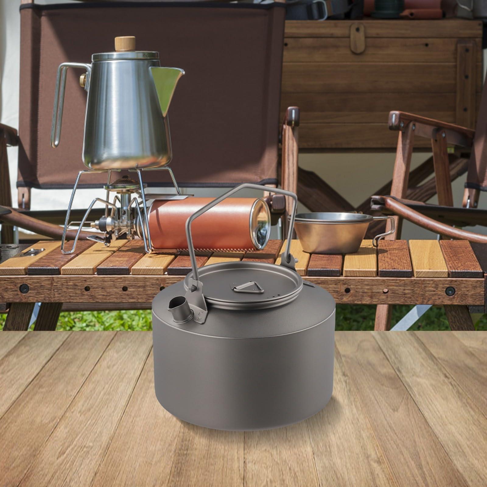 Hervidor de titanio de 980 ml con asa plegable para un transporte cómodo y hervir té, café y agua (estilo esmerilado)