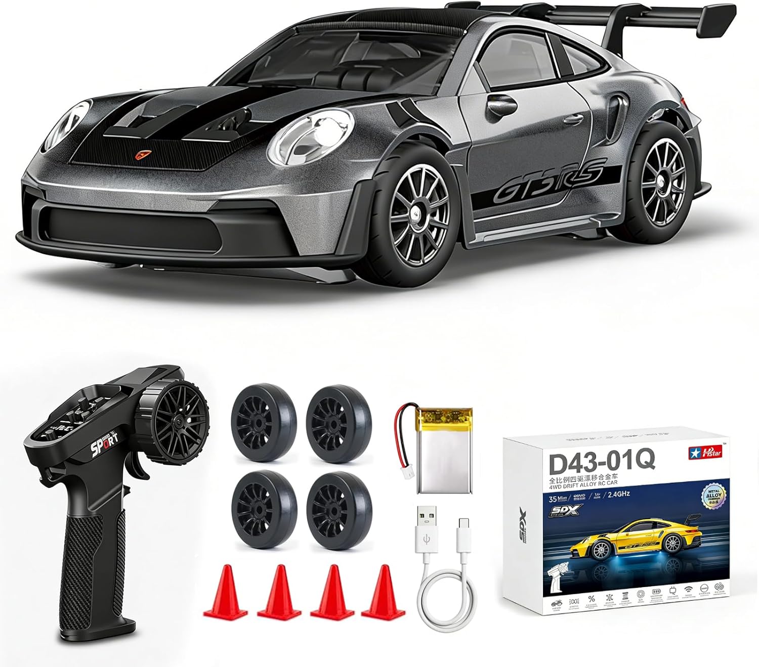 1/43 Scale RC Drift Car, Mini 911 RC Model Car 2.4GHz 4WD RC Alloy D43 Vehicles with Gyro & LED Lights for Adults Hobby Toys (Gray)