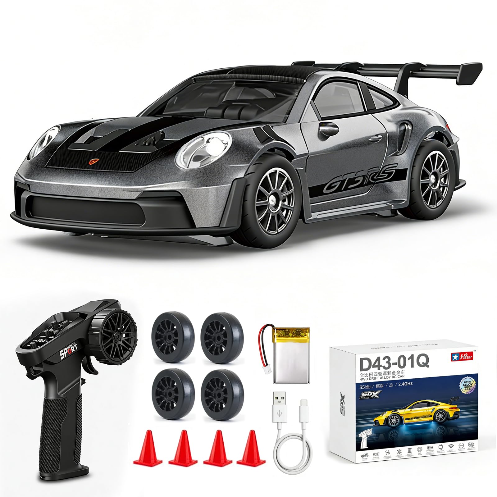 ARRIS 1/43 Scale RC Drift Car, Mini 911 RC Model Car 2.4GHz 4WD RC Alloy Vehicles with Gyro for LED Lights for Adults Hobby Toys (Grey)