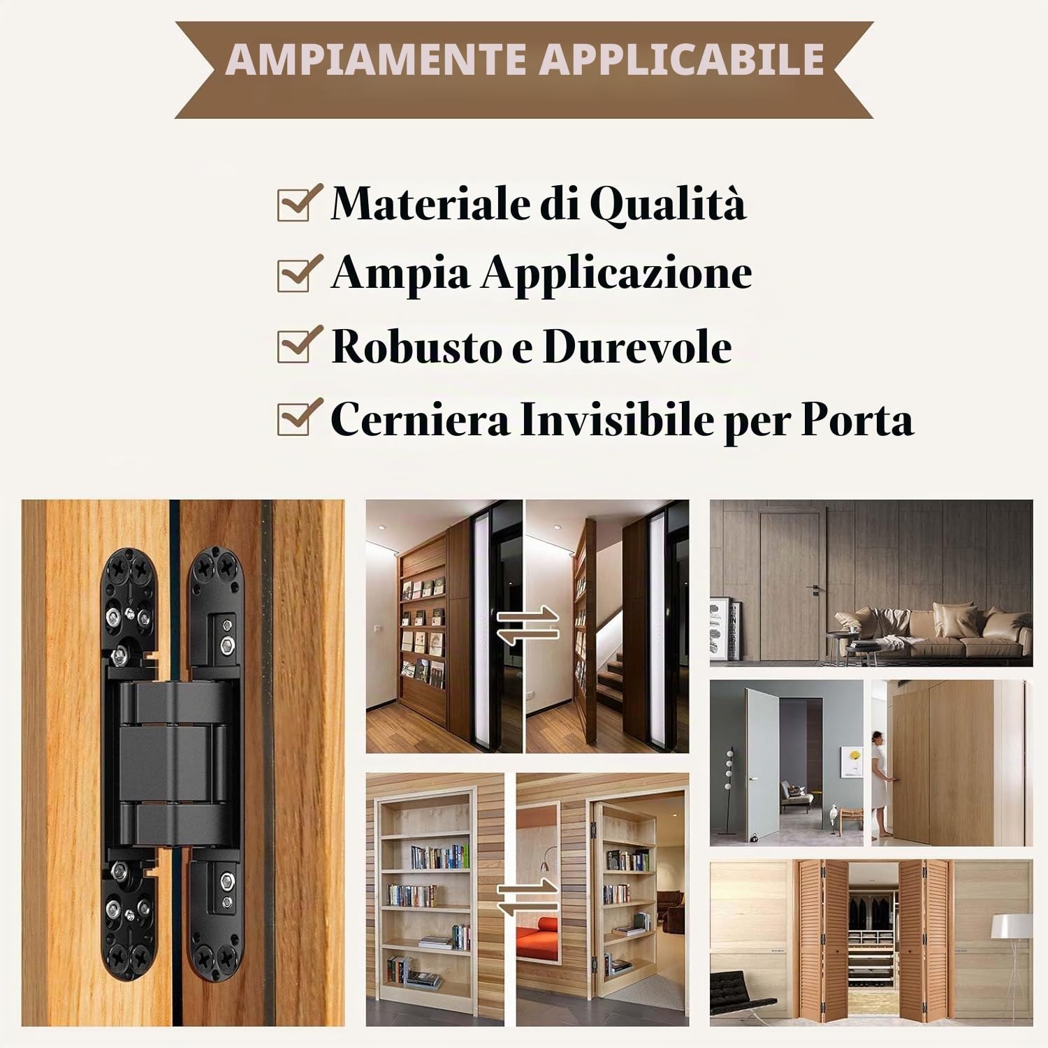 Cerniera a Scomparsa 17,7cm - Nascosta per Porte in Legno, Angolo d'apertura 180°, 3 Vie Regolabile, Nero, 2 Pezzi