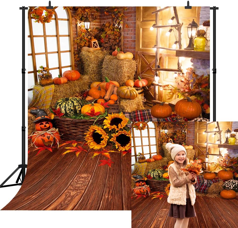 CapiSco 10X10FT Fall Thanksgiving Halloween Photo Backdrop Pumpkin Vinyl Background Wooden Floor Barn Autumn Pumpkins Maple Leaves Sunflower Backdrop for Kids Parties Family Portrait Backdrop SCO195D