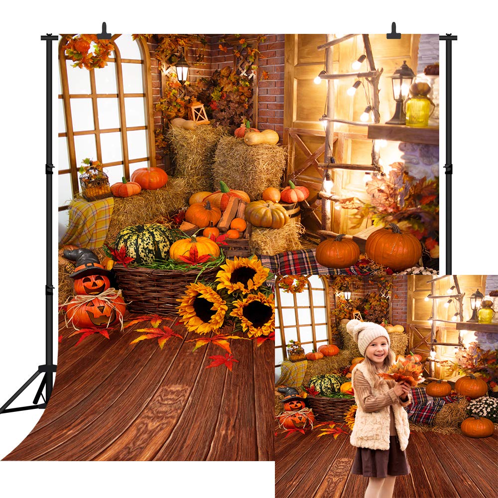 CapiSco 10X10FT Fall Thanksgiving Halloween Photo Backdrop Pumpkin Vinyl Background Wooden Floor Barn Autumn Pumpkins Maple Leaves Sunflower Backdrop