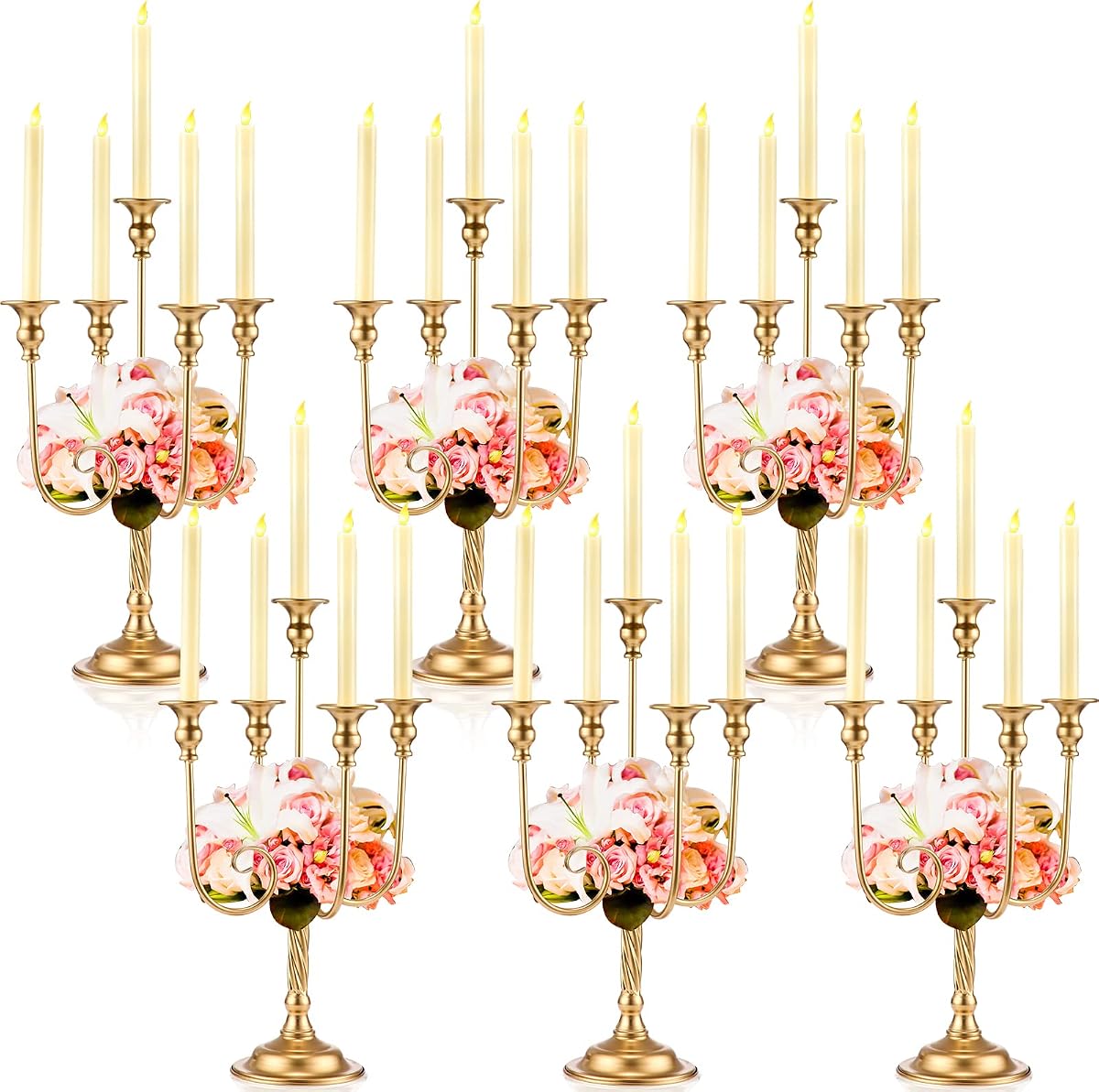 6 Pcs Gold Candelabra Candlestick Holder, 9.45 x 9.45 x 19.7 Inch, 5 Arm