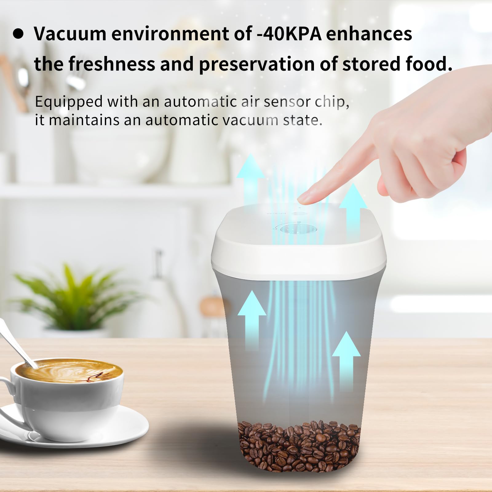 Barattolo automatico sottovuoto per caffè, funzionamento elettrico one-touch, raggiunge un ambiente interno di vuoto da 40 kPA, rilevamento automatico della tenuta, mantiene la freschezza degli