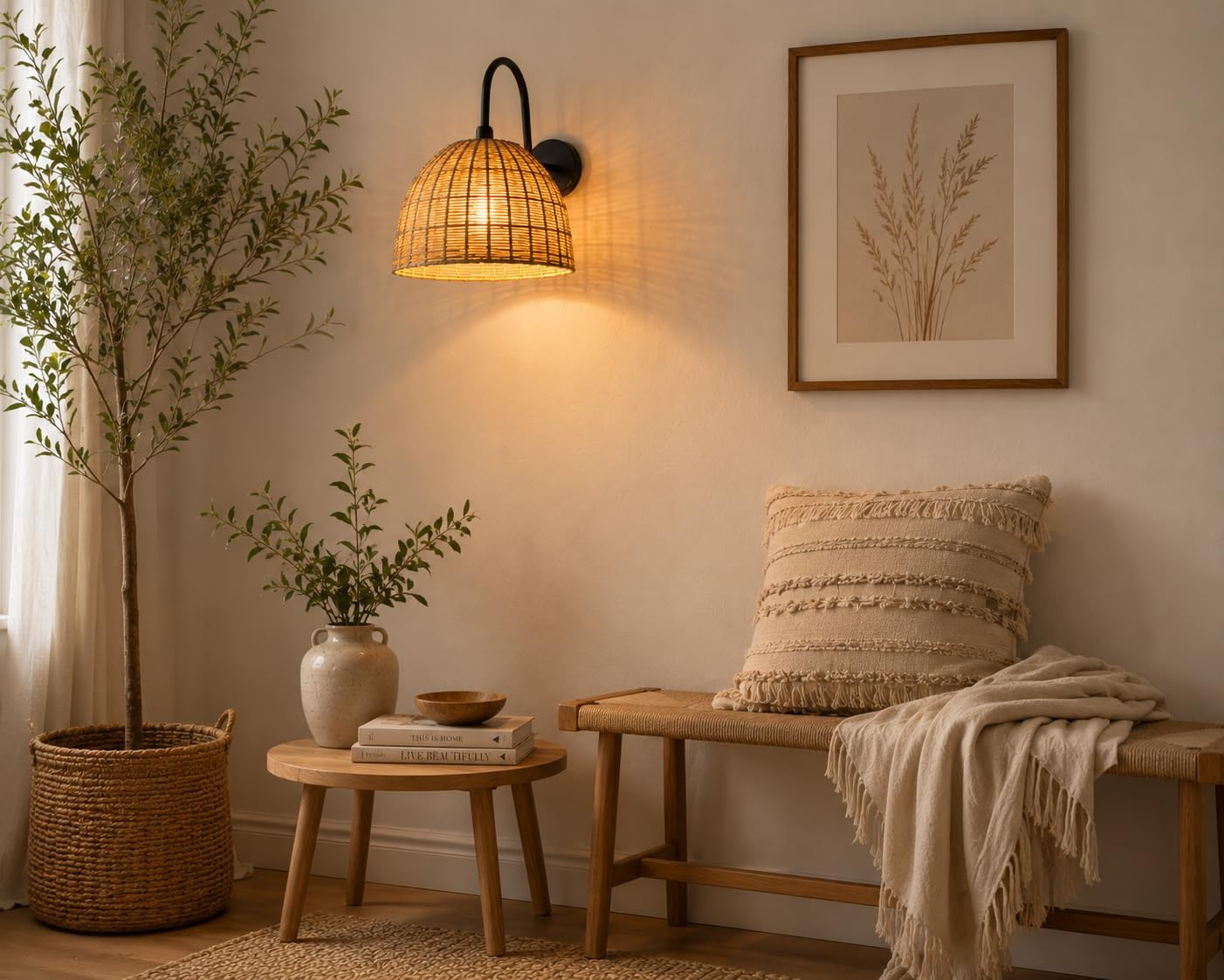 CORAL TREE Handwoven Rattan Wall Light with Adjustable Drop Rod | Natural Wicker Wall Lamp with Matte Black Metal Arm | Boho Decorative Wall Lighting for Living Room & Bedroom (Design 4.)-image-17