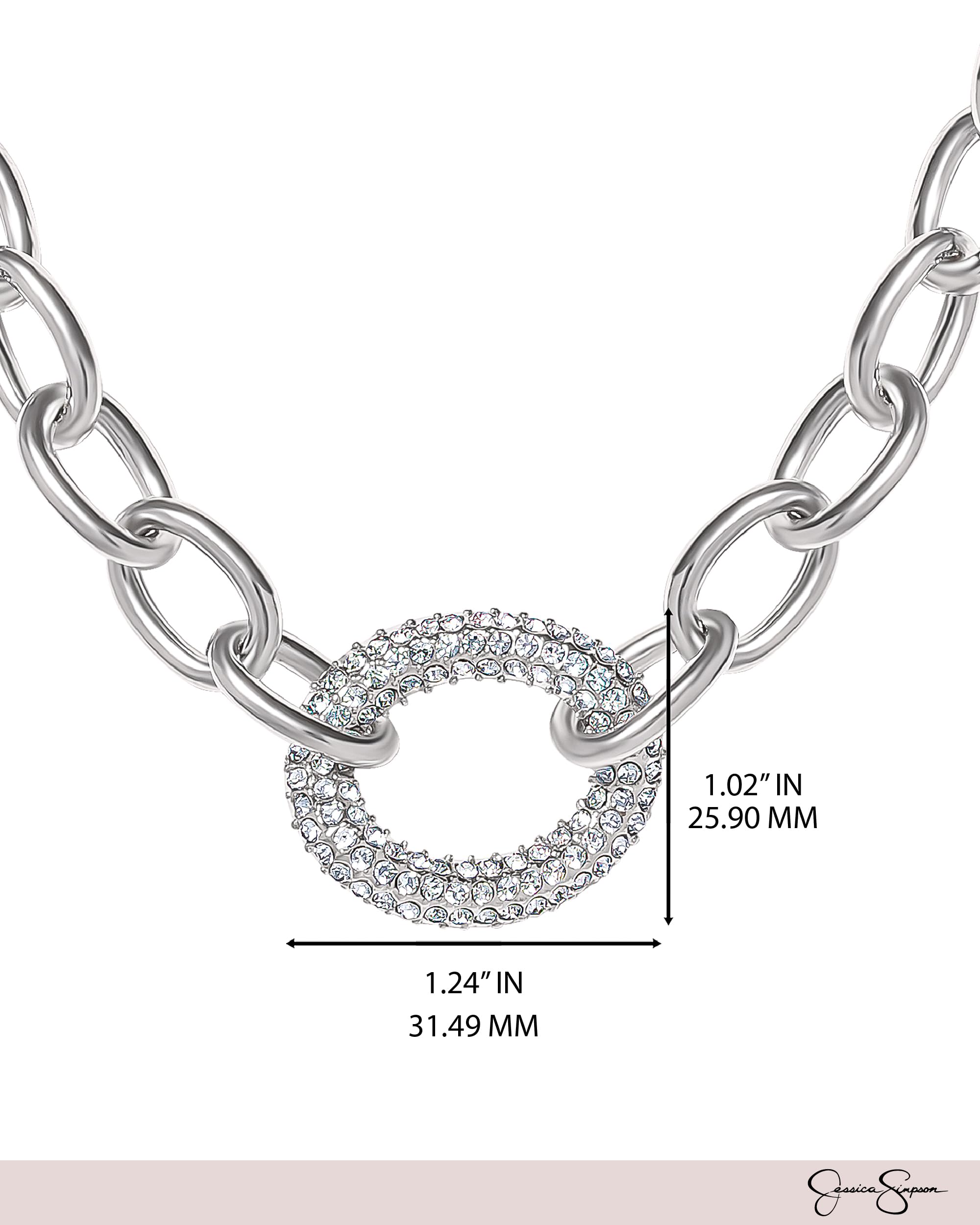 Jessica Simpson Chunky Necklace for Women, Silver-Tone Thick Chain Necklace with Crystal Pendant, Silver Jewelry