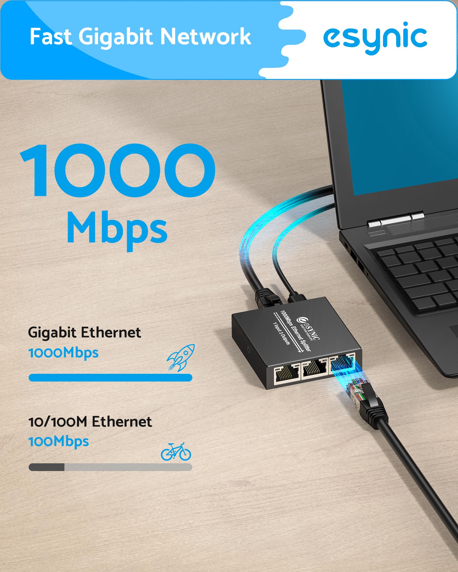 eSynic Szybki rozdzielacz Ethermet 1 do 3 przenośny rozdzielacz sieciowy USB C Rj45 z 1 kablem Ethernet metalowy rozdzielacz kabli internetowych obsługuje Cat8, 7, 6, 5 i 5e do ADSL, koncentratorów