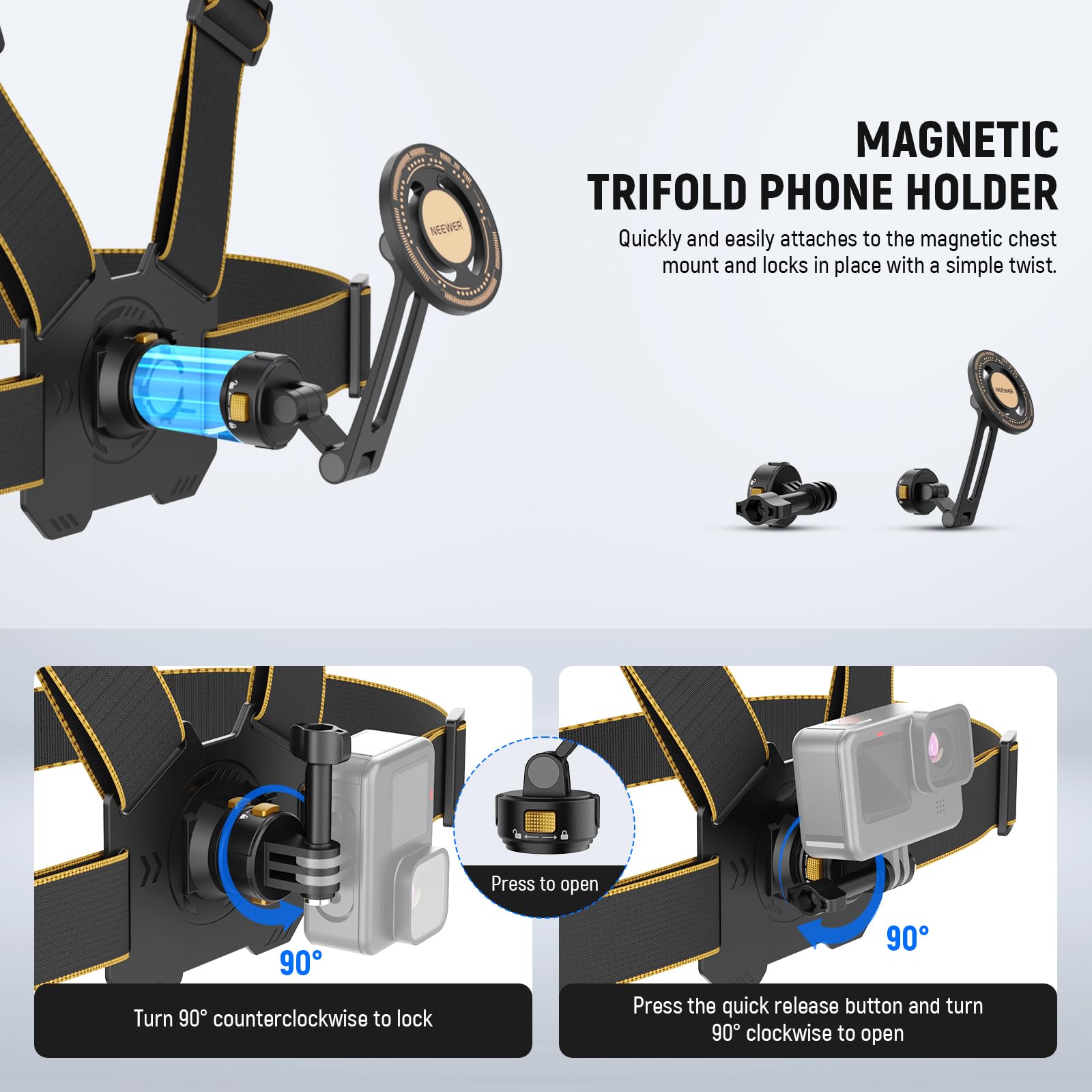 NEEWER Borstbevestiging harnas voor actiecamera, verstelbare handvrije borstband compatibel met GoPro Hero DJI Osmo Android, magnetische borsthouder voor POV Video Vlog, GP18