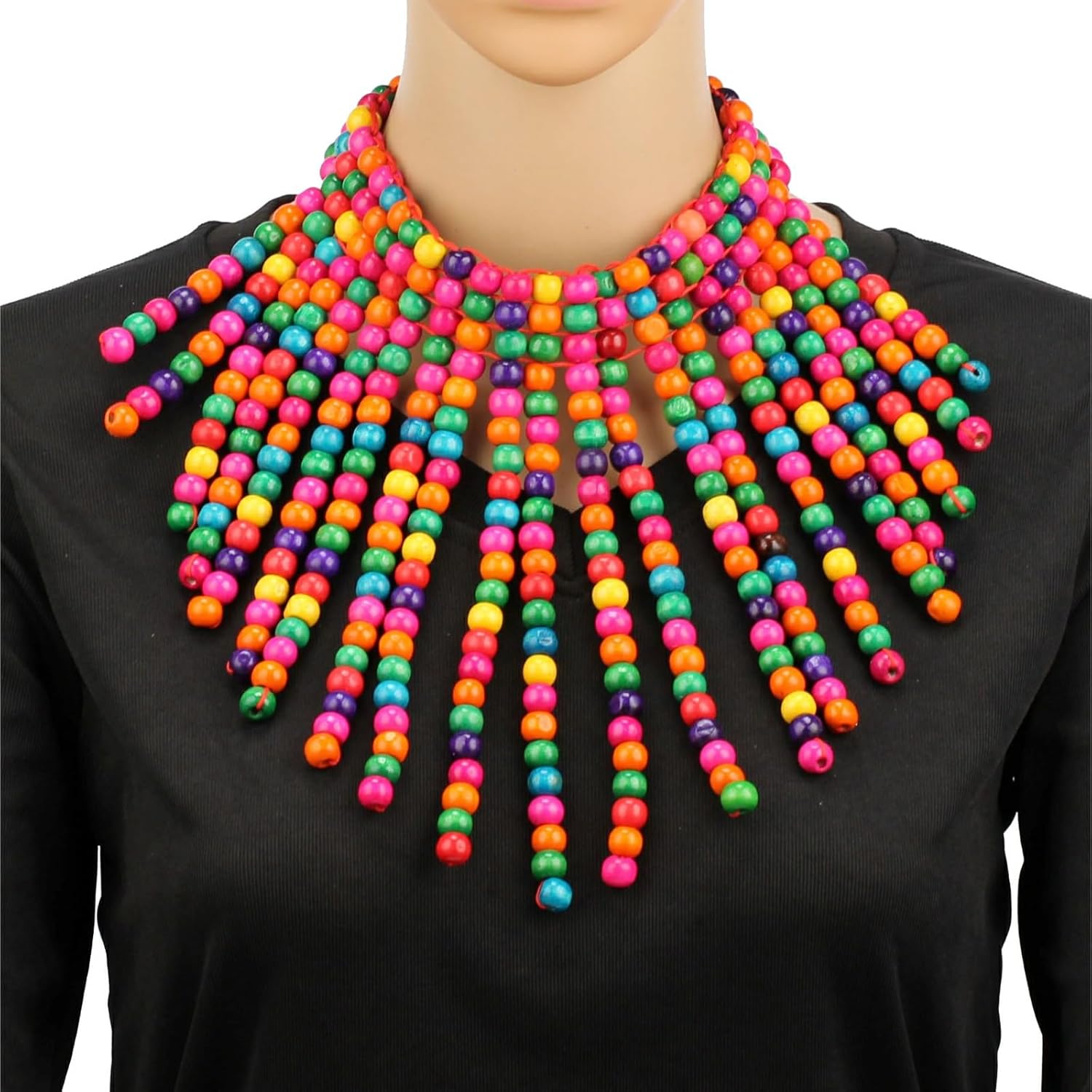 Vintage Ethnic Colorful Wood Bead Tassel Pendant Necklace for Women Bohemian Chunky Statement Choker Long Handmade Jewelry - Image 2