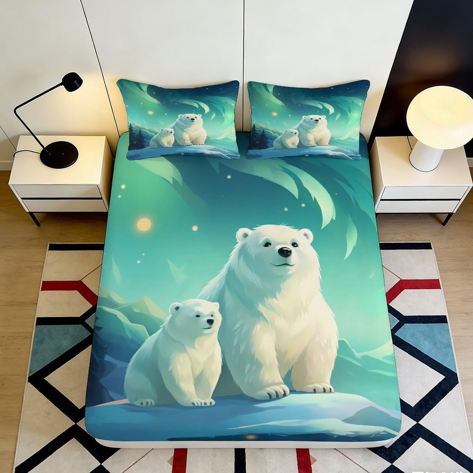 3D Printed Aurora Polar Bear Fitted Sheet Microfiber Soft Breathable Arctic Landscape Mattress Cover for Bedroom Decor 90x200x25cm