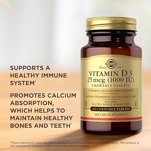 Miniatura 5 de Solgar Vitamina D3 (colecalciferol) 25 mcg (1000 UI), remolino natural de fresa y plátano - 100 tabletas masticables - Sin OMG, Kosher - 100