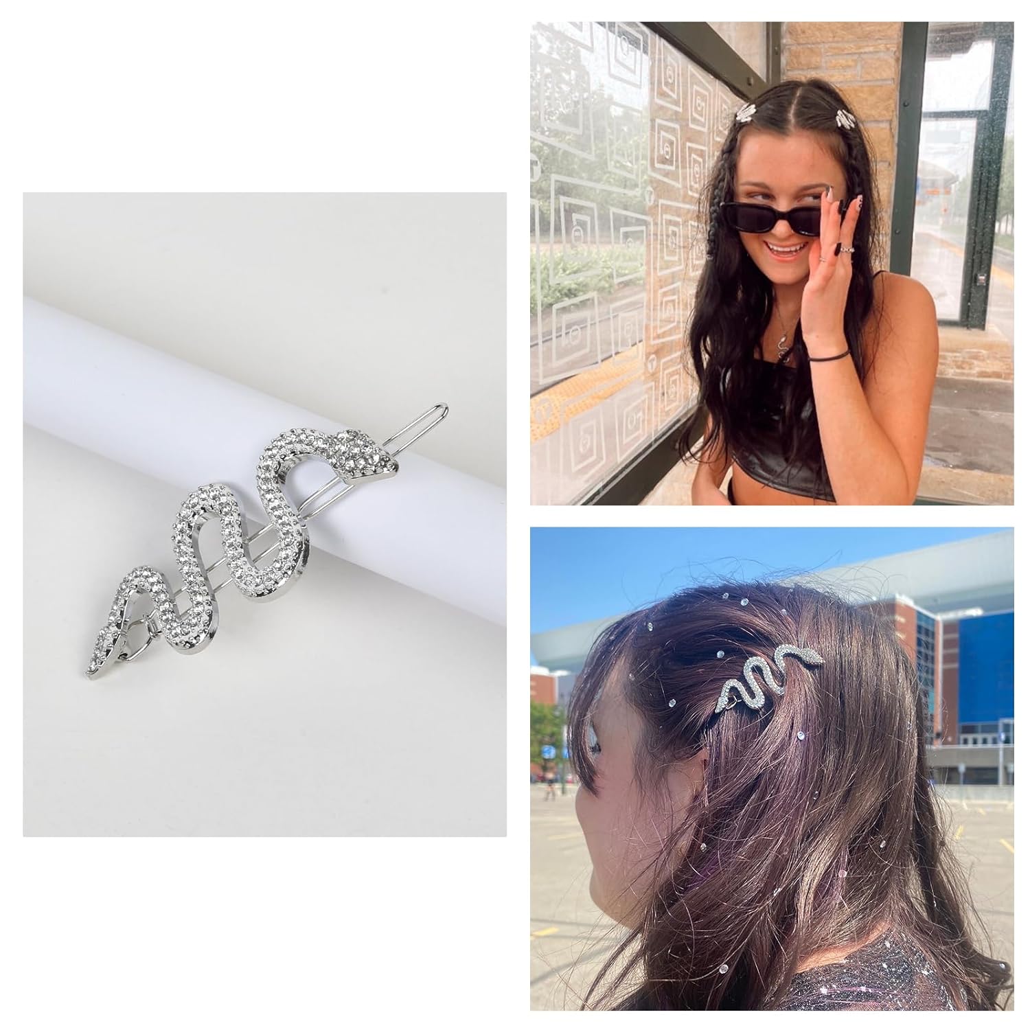 TEBIEKOY Snake Hair Pins with Sparkly Rhinestones Hair Clips, 4 Pcs Alloy Snake Hair Clips Set, Crystal Hair Accessories Headdress for Girls and Women