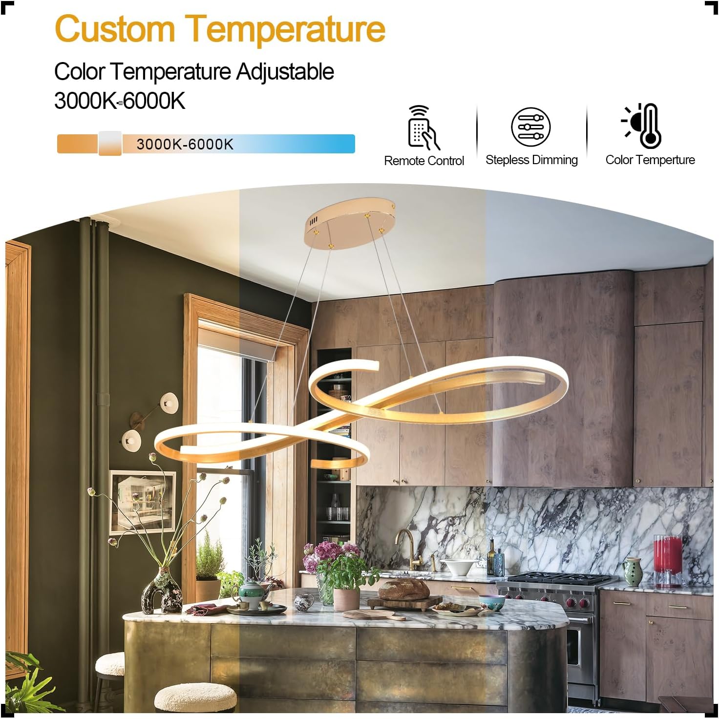 gold led chandelier, dimmable modern pendant light with remote - contemporary ceiling light fixture for dining room, kitchen island & living room gold 47.24in