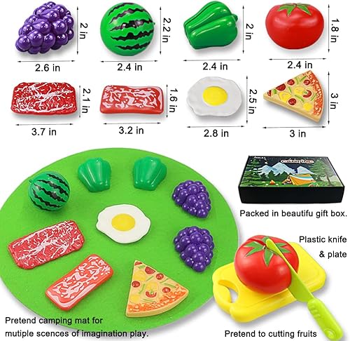Miniatura 4 de 45 piezas de juguete de fogata para niños, juguetes de campamento para niños pequeños, juego de fogata de fieltro con frutas cortadas de simulación,