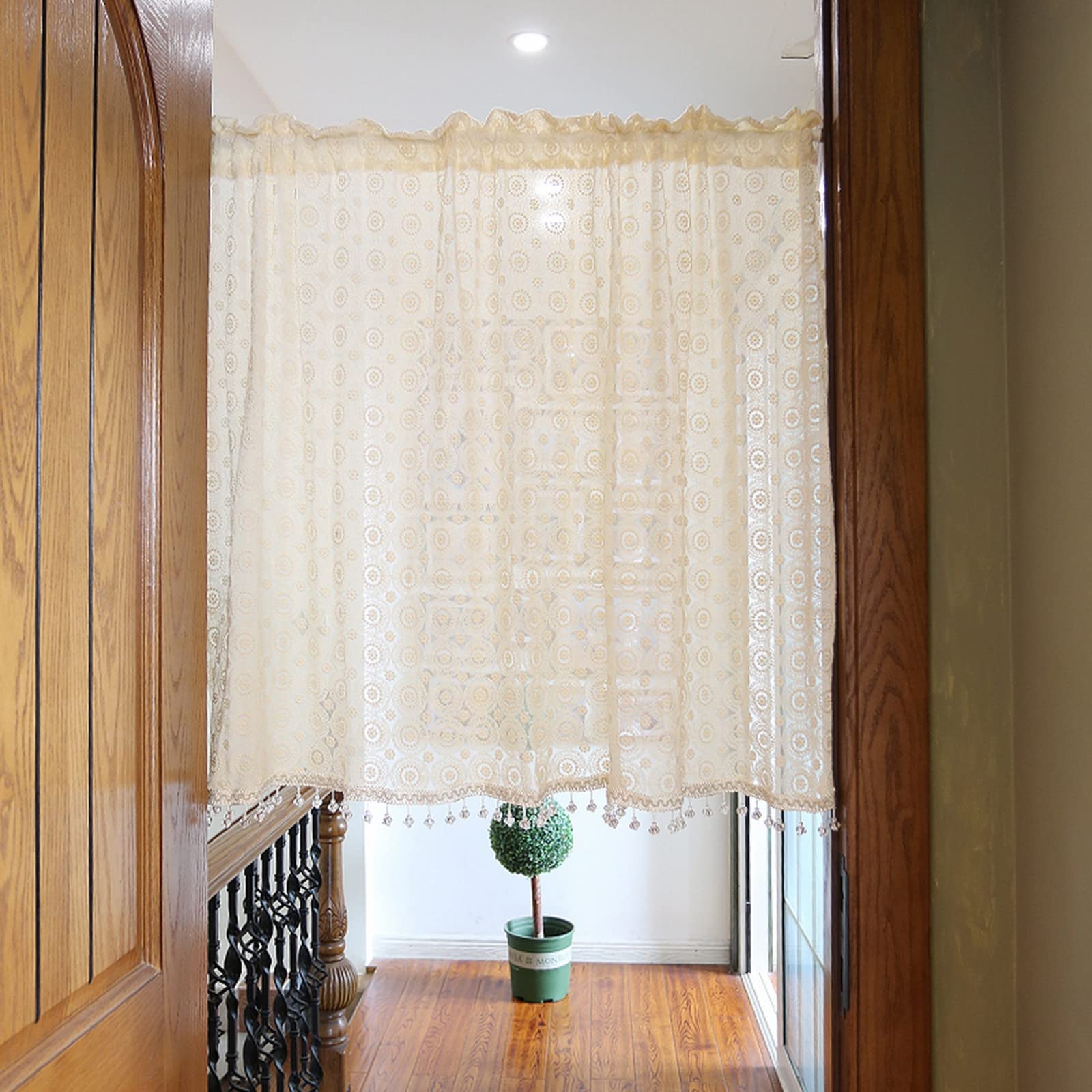 A.Monamour Gardine Scheibengardinen Kurzstores Beige Transparente Voile Spitze Kreis Stickerei Retro Kurzgardinen Küchengardine Küchenvorhang Küche Vorhang Fenster Kurz Stores Bistrogardine
